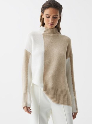 GAIA COLOURBLOCK HIGH NECK JUMPER OATMEAL/CREAM / luxe turtleneck sweaters / women’s mock neck jumpers / dropped shoulders / chic colour block knitwear - flipped