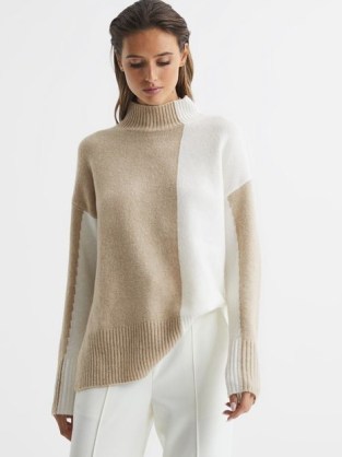 GAIA COLOURBLOCK HIGH NECK JUMPER OATMEAL/CREAM / luxe turtleneck sweaters / women’s mock neck jumpers / dropped shoulders / chic colour block knitwear