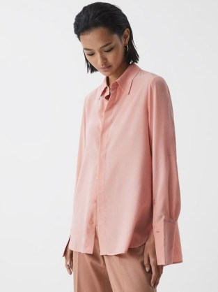 Reiss KIA SILK SHIRT PINK ~ women’s luxe relaxed fit shirts ~ luxurious silky button down - flipped