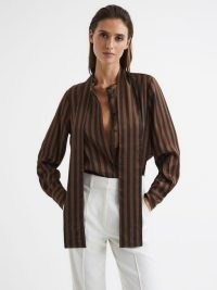REISS SAVANNAH STRIPE SHIRT BROWN ~ women’s striped grandad collar shirts