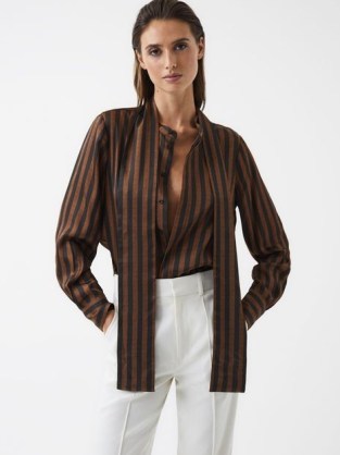 REISS SAVANNAH STRIPE SHIRT BROWN ~ women’s striped grandad collar shirts - flipped