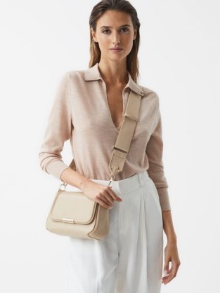 Reiss CLEO SADDLE CAMERA BAG STONE ~ chic leather crossbody with detachable wide shoulder strap ~ minimalist clutch bags ~ casual luxe look - flipped