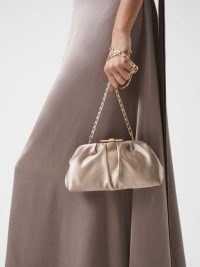 REISS ADALINE SATIN CLUTCH BAG TAUPE ~ luxe style evening bags ~ silky vintage inspired occasion handbag ~ small chain shoulder strap handbags