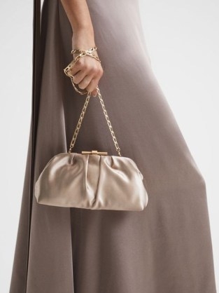 REISS ADALINE SATIN CLUTCH BAG TAUPE ~ luxe style evening bags ~ silky vintage inspired occasion handbag ~ small chain shoulder strap handbags - flipped