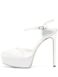 René Caovilla crystal-embellished 137mm sandals in white silk / luxe round toe platforms covered in crystals / women’s high heel party shoes
