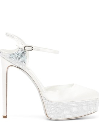 René Caovilla crystal-embellished 137mm sandals in white silk / luxe round toe platforms covered in crystals / women’s high heel party shoes - flipped