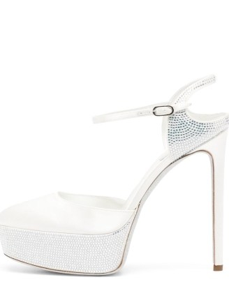 René Caovilla crystal-embellished 137mm sandals in white silk / luxe round toe platforms covered in crystals / women’s high heel party shoes