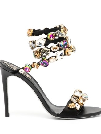 René Caovilla crystal-embellished wraparound sandals / jewelled ankle wrap high heels / glamorous party shoes - flipped