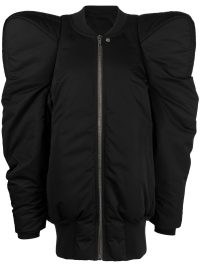 Rick Owens padded-shoulder bomber jacket in black | women’s zip front jackets with exaggerated shoulders and gathered sleeves