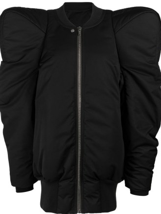 Rick Owens padded-shoulder bomber jacket in black | women’s zip front jackets with exaggerated shoulders and gathered sleeves - flipped