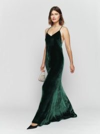 Reformation Rimini Velvet Dress in Forest | green luxe maxi slip dresses | skinny shoulder strap occasion fashion | spaghetti straps | crisscross back
