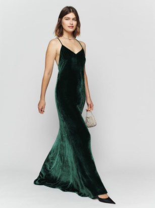 Reformation Rimini Velvet Dress in Forest | green luxe maxi slip dresses | skinny shoulder strap occasion fashion | spaghetti straps | crisscross back - flipped