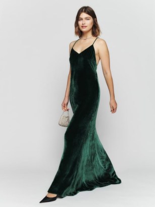 Reformation Rimini Velvet Dress in Forest | green luxe maxi slip dresses | skinny shoulder strap occasion fashion | spaghetti straps | crisscross back