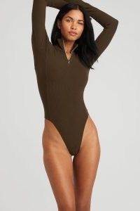 Alo Yoga RISE-UP LONG SLEEVE BODYSUIT in Espresso ~ womens brown fitted zip mock neck bodysuits ~ thong back