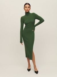 Reformation Robin Cashmere Sweater Dress in Cedar | green knitted long sleeved high neck split hem midi dresses | luxe knitwear fashion | chic knits