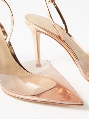 GIANVITO ROSSI Ribbon 85 leather and PVC slingback pumps rose gold – luxe pointed toe courts – clear slingbacks – sheer shoes – transparent high heels - flipped