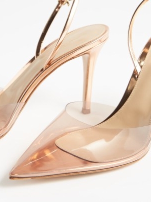 GIANVITO ROSSI Ribbon 85 leather and PVC slingback pumps rose gold – luxe pointed toe courts – clear slingbacks – sheer shoes – transparent high heels