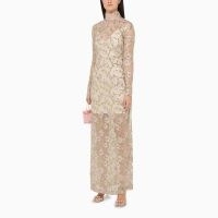 ROTATE Birger Christensen Long dress with floral embroidery ~ semi sheer fringed back maxi dresses ~ romance inspired occasion fashion ~ women’s luxe evening clothes ~ romantic sequinned event clothing
