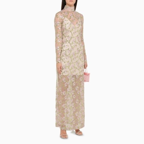 ROTATE Birger Christensen Long dress with floral embroidery ~ semi sheer fringed back maxi dresses ~ romance inspired occasion fashion ~ women’s luxe evening clothes ~ romantic sequinned event clothing - flipped