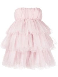 ROTATE crystal-embellished tulle minidress in light pink – strapless tiered mini dresses – ruffled party fashion – feminine occasion clothes