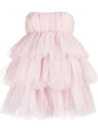 ROTATE crystal-embellished tulle minidress in light pink – strapless tiered mini dresses – ruffled party fashion – feminine occasion clothes - flipped