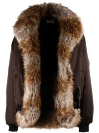 Saint Laurent faux fur bomber jacket in brown – women’s luxe winter jackets