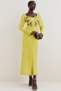 KAREN MILLEN Satin Embellished Long Sleeve Midi Dress in Chartreuse ~ silky long sleeved sweetheart neckline occasion dresses