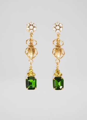 L.K. BENNETT Scarlett Gold-Plated Beetle and Green Crystal Drop Earrings ~ statement jewellery with crystals ~ occasion drops - flipped