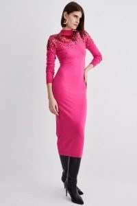 KAREN MILLEN Sequin Knit Pencil Dress in Fuchsia / hot pink sequinned midi dresses / knitted fashion