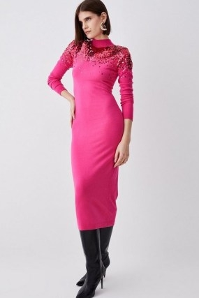 KAREN MILLEN Sequin Knit Pencil Dress in Fuchsia / hot pink sequinned midi dresses / knitted fashion - flipped