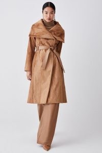 KAREN MILLEN Signature Ponyskin Belted Wrap Coat in Camel – chic brown faux fur coats