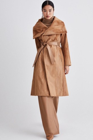 KAREN MILLEN Signature Ponyskin Belted Wrap Coat in Camel – chic brown faux fur coats - flipped