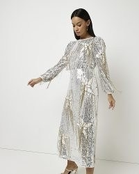 River Island SILVER FLORAL SEQUIN LONG SLEEVE MIDI DRESS | women’s sequinned party dresses | metallic fringe embellished occasion dresses