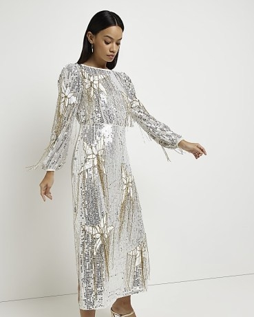 River Island SILVER FLORAL SEQUIN LONG SLEEVE MIDI DRESS | women’s sequinned party dresses | metallic fringe embellished occasion dresses - flipped