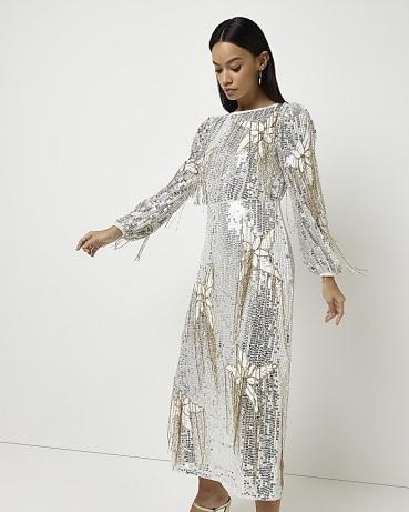 River Island SILVER FLORAL SEQUIN LONG SLEEVE MIDI DRESS | women’s sequinned party dresses | metallic fringe embellished occasion dresses