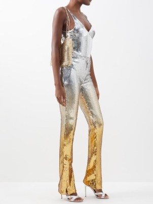 PACO RABANNE High-waist sequinned mesh straight-leg trousers in silver and gold ~ high octane evening glamour ~ sequin occasion fashion - flipped