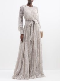 ERDEM Lindsay pleated metallic-lace gown in silver – romantic long sleeve metallic fibre gowns – sheer sleeved romance inspired maxi dresses – luxe floral evening event clothes – matchesfashion