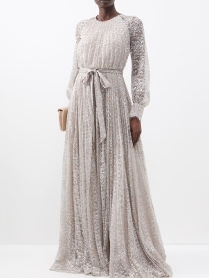 ERDEM Lindsay pleated metallic-lace gown in silver – romantic long sleeve metallic fibre gowns – sheer sleeved romance inspired maxi dresses – luxe floral evening event clothes – matchesfashion - flipped