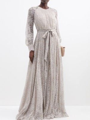 ERDEM Lindsay pleated metallic-lace gown in silver – romantic long sleeve metallic fibre gowns – sheer sleeved romance inspired maxi dresses – luxe floral evening event clothes – matchesfashion