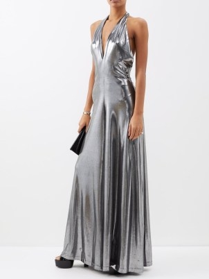 PUCCI Liquid Lamé jersey maxi dress in silver ~ fluid metallic halterneck jumpsuits ~ high octane evening glamour ~ deep plunge V-neckline occasion clothes ~ luxe party fashion - flipped