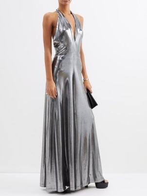 PUCCI Liquid Lamé jersey maxi dress in silver ~ fluid metallic halterneck jumpsuits ~ high octane evening glamour ~ deep plunge V-neckline occasion clothes ~ luxe party fashion