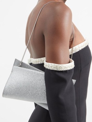 CHRISTIAN LOUBOUTIN Loubitwist glittered-leather clutch in silver | luxe metallic shoulder bags | glittering chain strap occasion handbags - flipped