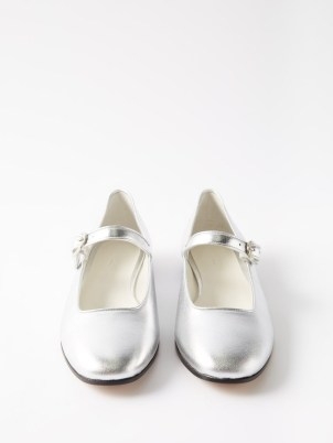 LE MONDE BERYL Round-toe leather Mary Jane flats in silver ~ flat metallic Mary Janes - flipped