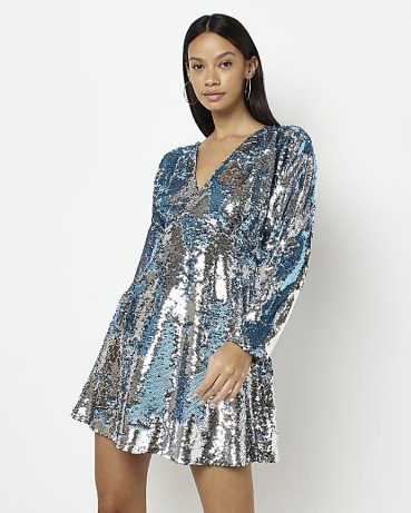 RIVER ISLAND SILVER SEQUIN LONG SLEEVE SWING MINI DRESS / sequinned party dresses - flipped