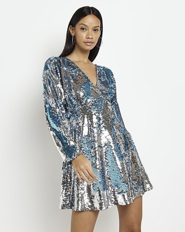 RIVER ISLAND SILVER SEQUIN LONG SLEEVE SWING MINI DRESS / sequinned party dresses