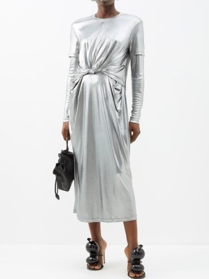 LOEWE Twisted-waist satin dress in silver ~ fluid metallic occasion dresses ~ front twist detail - flipped