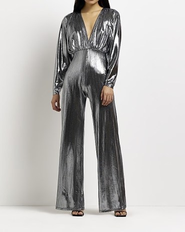 River Island SILVER WIDE LEG LONG SLEEVE JUMPSUIT | metallic plunge front jumpsuits - flipped