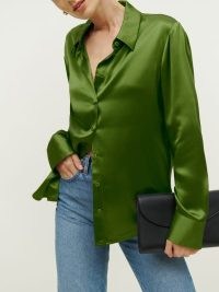 Reformation Sky Silk Top in Palm Green ~ women’s silky shirts