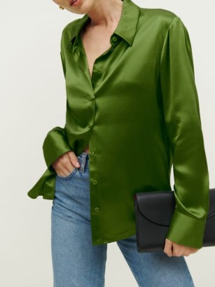 Reformation Sky Silk Top in Palm Green ~ women’s silky shirts
