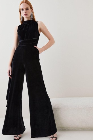 KAREN MILLEN Slinky Velvet Drape Detail Wide Leg Jumpsuit in Black ~ sleeveless high neck plush fabric jumpsuits ~ glamorous evening fashion
